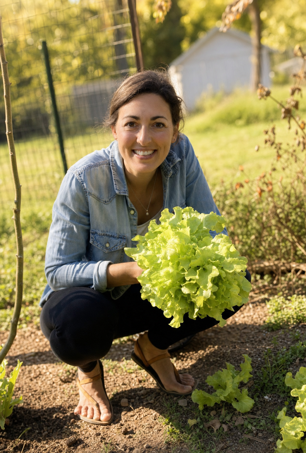 Megan Holmes kneeling in a garden while holding freshly harvested lettuce.